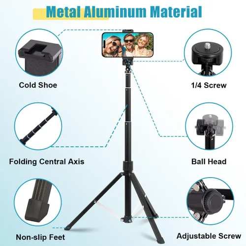 Vista 2 de Trípode para teléfono, trípode para selfie stick de 63 pulgadas compatible con iPhone/cámara/GoPro/cámara web, trípode ligero para teléfono