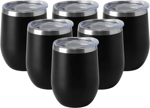 Vista 23 de HASLE OUTFITTERS Vaso de vino de 12 onzas con tapa, copas de vino sin tallo, tazas de viaje al vacío de doble pared, taza de café de acero Acero