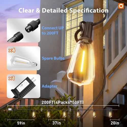 Vista 5 de addlon Tira de luces para exteriores de 196 pies para exteriores con control de aplicación, luces impermeables para patio con bombillas LED Edison