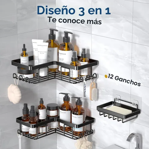 Vista 6 de YASONIC Organizador de ducha adhesivo de esquina, con soporte para jabón y 12 ganchos, organizador de baño de acero inoxidable a prueba de óxido