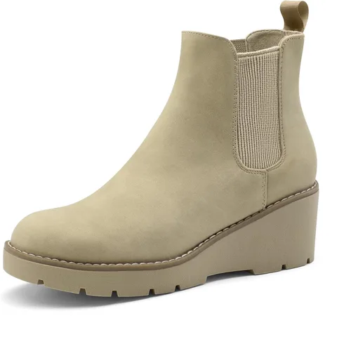 Vista 8 de Athlefit - Botas Chelsea con plataforma de cuña para mujer, suela de lengüeta, elásticas, con plataforma, tacón de cuña, botas al tobillo Negro