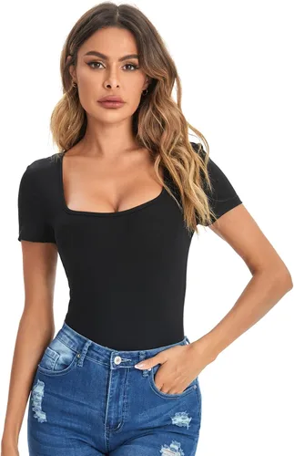 Vista 5 de Verdusa Womens Short Sleeve Square Neck T-Shirt Basic Solid Slim Fitted Top Tee