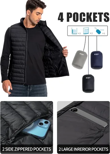 Vista 4 de Pioneer Camp Chaleco acolchado ligero para hombre, plegable, repelente al agua, cálido, acolchado, sin mangas, para el trabajo, casual, viajes