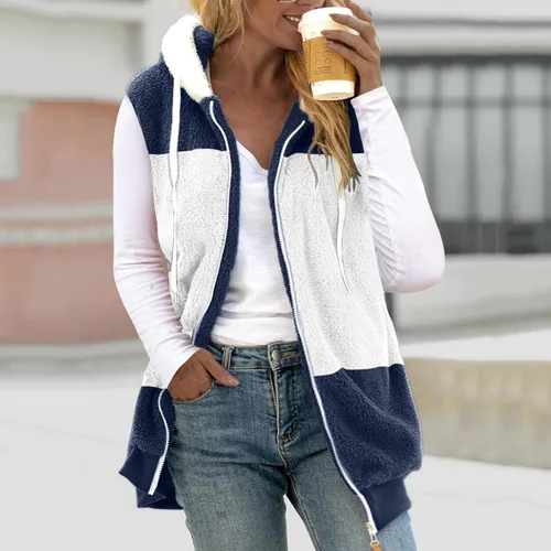 Vista 3 de Chaleco mullido de forro polar Sherpa para mujer, con cuello sin mangas, con cremallera, acolchado, con bolsillo