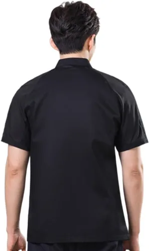 Vista 2 de Abrigos de chef unisex de manga corta, uniforme de chef de trabajo, con bolsillo, chaqueta de cocina con cierre de botón