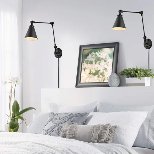 Vista 3 de WINGBO - Juego de 2 apliques de pared con brazo oscilante estilo granja, lámpara de pared industrial ajustable para sala de estar, dormitorio