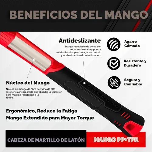 Vista 5 de C&T Martillo de trineo de latón de 1 libra, sin chispas, mango cómodo de fibra de vidrio, 1 libra, no magnético, resistente a la corrosión