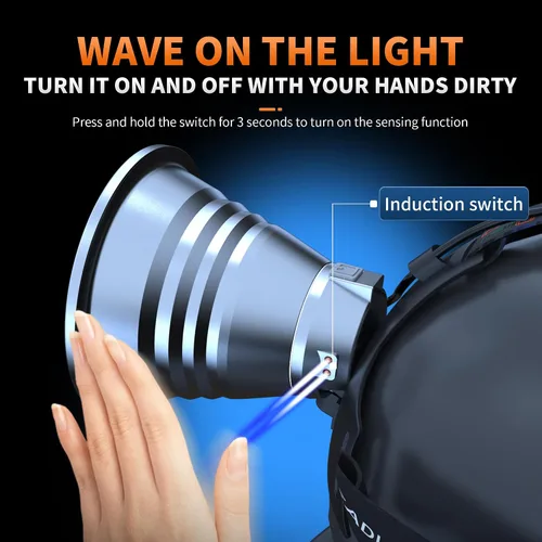 Vista 3 de Luces de Caza de Mapaches, Faro LED de Alta Potencia con Reflector, Linterna Frontal Impermeable Súper Brillante Recargable con Sensor de Movimiento