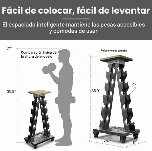 Vista 4 de Estante vertical para mancuernas, estante de peso de 5 niveles, ruedas, capacidad de 300 libras