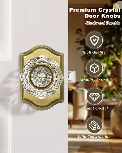 Vista 5 de Gobrico Juego de pomos de puerta de vidrio transparente para interiores, cerradura de puerta de cristal de diamante de privacidad en latón antiguo