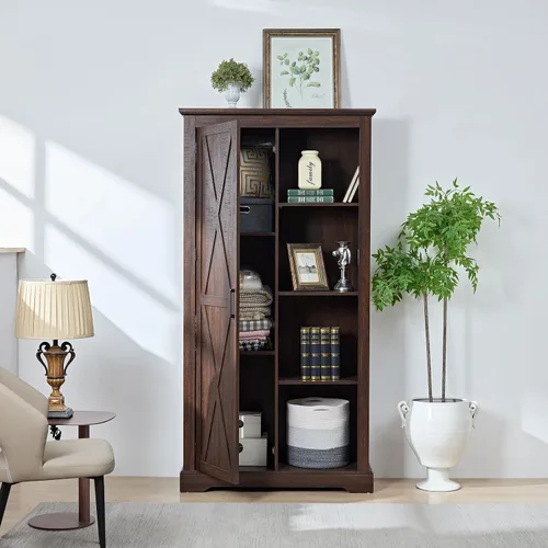 Vista 3 de Armario de almacenamiento alto para bufé, estantería rústica de madera, vitrina de despensa de granja con estantes ajustables, muebles de cocina