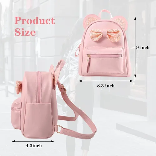Vista 3 de Mini mochila de cuero con lentejuelas y orejas de ratón para niñas, mochila pequeña, regalo para adolescentes y niñas pequeñas, Rosado, Mochilas