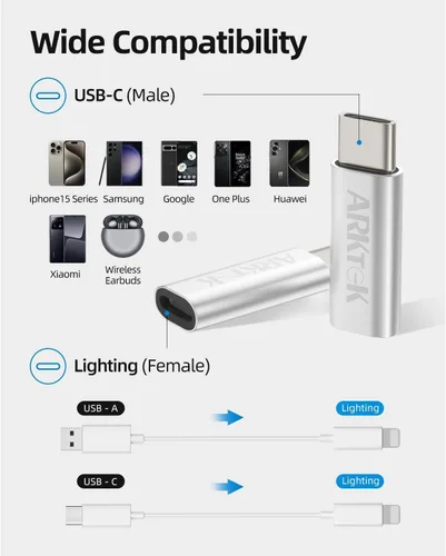 Vista 4 de ARKTEK Adaptador USB-C macho a Lightning hembra, convertidor de cable Lightning a USB tipo C para iPhone 17 16 Series AirPods 4 Pro 2 Galaxy S24