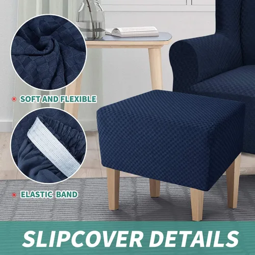 Vista 5 de YEMYHOM 1 funda elástica para silla con respaldo de ala + funda otomana de tamaño extra grande (azul marino)