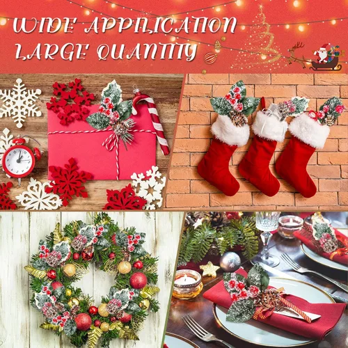Vista 5 de Yunlly 60 piezas de agujas de pino verde artificiales para Navidad, púas florales de Navidad de acebo con bayas rojas artificiales, tallos de pino