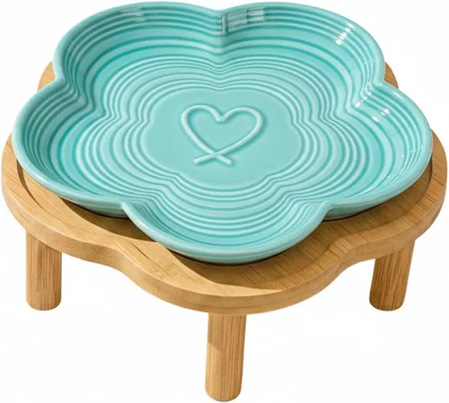 Vista 11 de PawsPik Plato de cerámica para gatos con soporte de bambú elevado, color Rosa