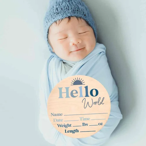 Vista 2 de Letrero de recién nacido "Hello World" - Placa de anuncio de nacimiento con nombre de bebé para hospital - Accesorio para fotos - Decoración