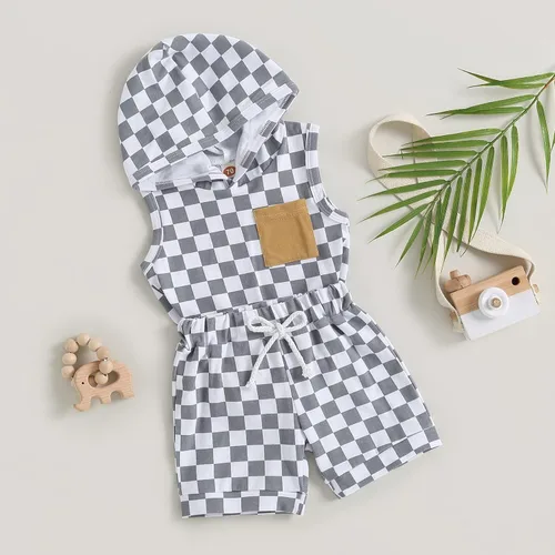 Vista 2 de Conjunto de ropa de verano para bebé, sin mangas, con capucha y pantalones cortos casuales