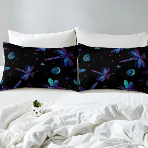 Vista 5 de Juego de ropa de cama con diseño de libélula para mujer, diseño de libélulas color azul y morado, tamaño individual, para niños y niñas, juego