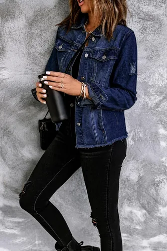 Vista 5 de Chaqueta de mezclilla para mujer, chaqueta de jean desgastada de gran tamaño para mujer, tendencia