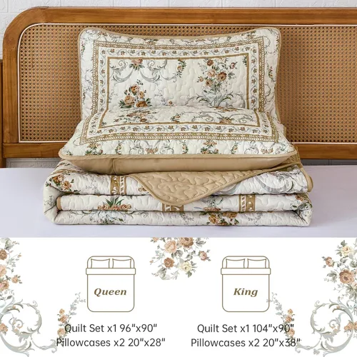 Vista 5 de Anibedding Juego de Edredón Floral Tamaño Queen, Edredones Colcha con Patrón de Flores Marrones Retro, Cubierta de Cama Ligera de Microfibra Suave