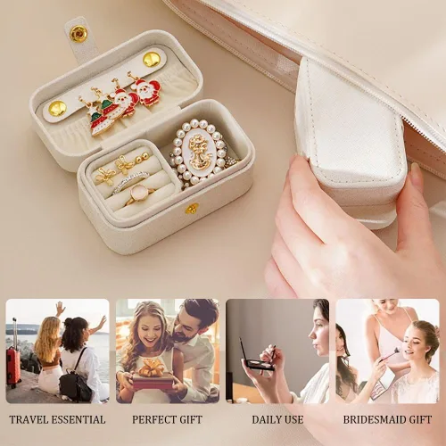 Vista 5 de Joyero de viaje de piel sintética, mini organizador de joyería, tamaño de viaje, artículos esenciales de viaje para lápiz labial, anillo, colgante