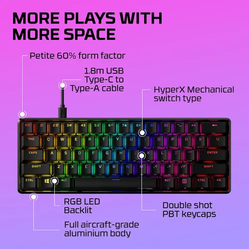 Vista 8 de HyperX Alloy Origins 60 - Teclado mecánico para juegos, factor de forma ultra compacto del 60 %, teclas PBT de doble disparo, retroiluminación LED