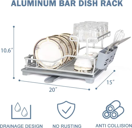 Vista 6 de Escurridor de platos con tabla de drenaje giratoria de 360° y boquilla de drenaje, escurridor de platos de aluminio inoxidable de 2 niveles