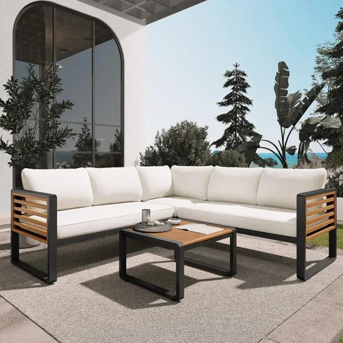 Vista 12 de KLMM Sofá modular de madera de acacia en forma de L para patio con cojines extraíbles y mesa auxiliar, juego de conversación al aire libre con mesa