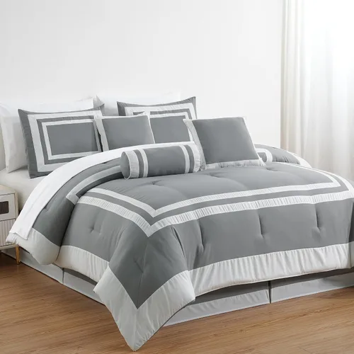 Vista 11 de Chezmoi Collection Caprice Juego de ropa de cama con edredón, de 7 piezas, estilo hotel, con patrón cuadrado en bloque de color moderno