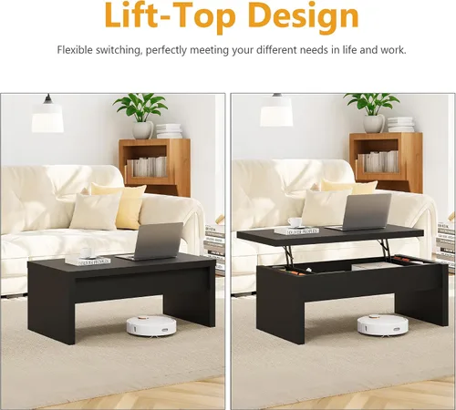 Vista 4 de Mesa de Centro Pequeña con Tapa Elevable, Mesa de Centro Rectangular de Madera con Tapa Elevable y Compartimento de Almacenamiento Oculto, Mesas