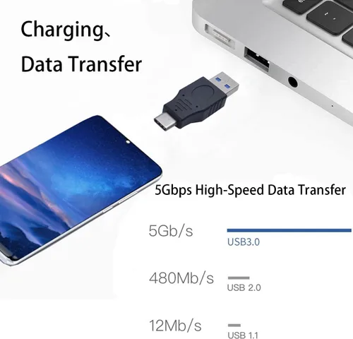 Vista 3 de Adaptador USB 3.0 macho a macho tipo C, convertidor USB A a USB C, datos de soporte y carga para laptop, disco duro, teléfonos móviles