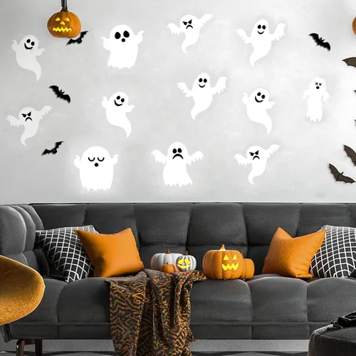 Vista 3 de 21 calcomanías 3D de fantasmas lindos – Calcomanías reutilizables autoadhesivas de pared de fantasma blanco – Suministros de fiesta de Halloween
