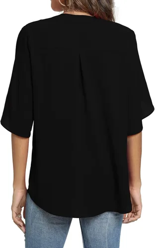 Vista 3 de Funlingo - Blusas de verano para mujer, manga corta, casual, cuello en V, blusa elegante de gasa
