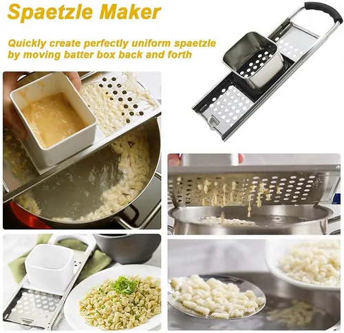 Vista 4 de Spaetzle Maker - Herramienta de fabricación de bolas de masa de fideos caseros de acero inoxidable con empujador de seguridad y mango de goma cómodo