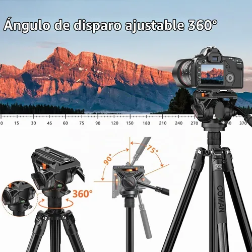 Vista 6 de Trípode con cabeza fluida para videocámara DSLR, monopié trípode de cámara con panorámica de 360° y +90°/-70° de inclinación, nueva cabeza fluida Q6