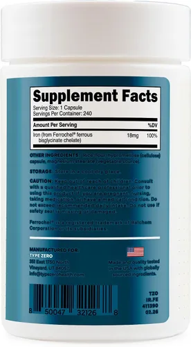 Vista 4 de Type Zero Cápsulas de quelato de hierro (18 mg, 240 cápsulas) de quelato de bisglicinato ferroso Ferrochel, sin OMG y sin gluten