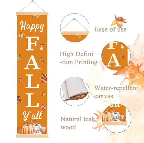 Vista 2 de Pancartas con texto en inglés «Happy Fall Y'all», pancarta de otoño para exteriores, decoración de cosecha de calabaza, decoraciones de Acción