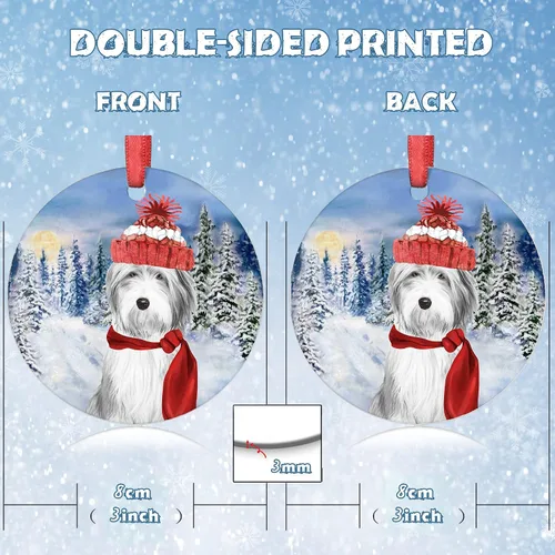 Vista 3 de Adorno de Navidad 2021 Perro Coton De Tulear Santa Porcelana Adorno de Navidad Coton De Tulear Cachorro Mascota Adornos de Árbol de Navidad Redondo