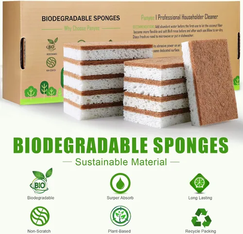 Vista 6 de PANYEE Esponja de cocina natural biodegradable, esponjas ecológicas para platos,Esponja de celulosa compostable con limpiador sostenible de nuez