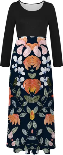 Vista 4 de SKDOGDT Vestidos largos de talla grande para mujer, de verano, casual, manga larga, floral, cuello redondo, vestido de cintura alta
