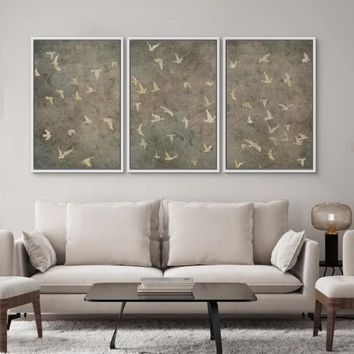Vista 495 de SIGNWIN Lienzo enmarcado para pared, juego de arte pastel con cadena montañosa, bosque, niebla, naturaleza silvestre, ilustraciones modernas, arte