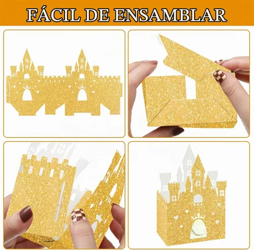 Vista 4 de Chrisfall - 24 cajas doradas de castillo de princesa con purpurina Birthday Party Supplies, Princess Theme Favors, Wedding Celebration, Candy