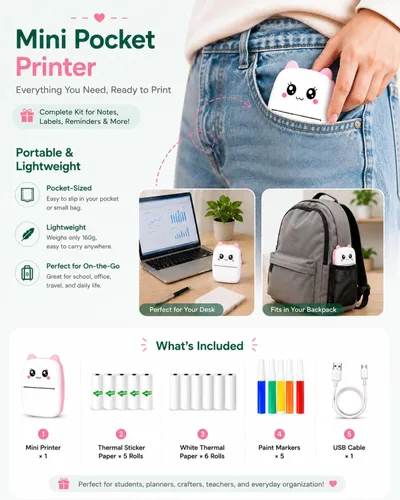 Vista 8 de Mini impresora de calcomanías con 11 rollos de papel, impresora térmica portátil sin tinta Bluetooth con aplicación AI para iPhone y Android