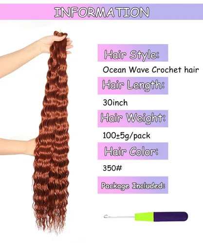 Vista 2 de Ginger - Cabello rizado de ganchillo de 30 pulgadas, 2 paquetes de cabello de ganchillo ondulado profundo con ganchillo, cabello largo ondulado