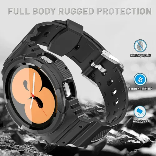 Vista 3 de Correa resistente para Samsung Galaxy Watch 4 Classic de 1.575 pulgadas con accesorios de parachoques, funda protectora deportiva a prueba