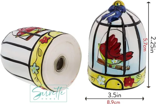 Vista 2 de Salero y pimentero de cerámica con diseño de pájaros para coleccionistas, decoración de cocina - Jaula de pájaros Tortolitos rosados