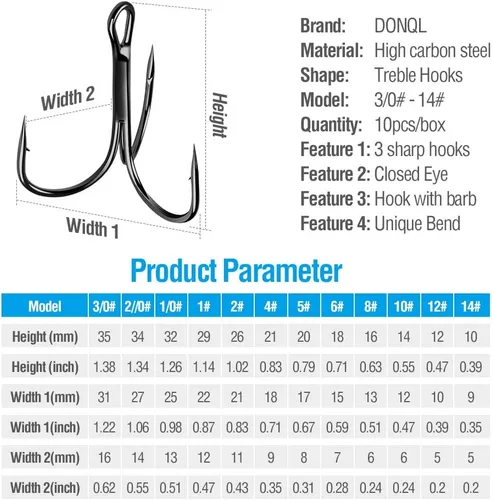 Vista 4 de DONQL Anzuelos de pesca Gancho de agudos de acero de alto carbono Ganchos agudos Super Sharp Solid Triple Barbed Fish Hook