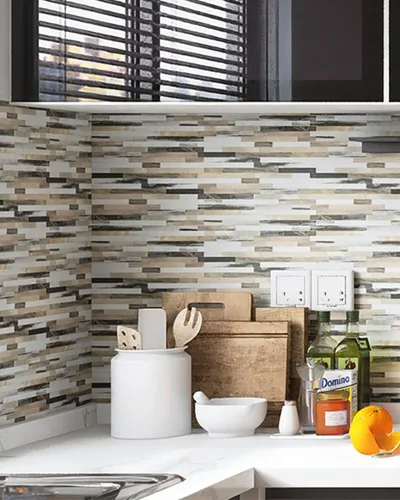 Vista 7 de KASARO 20 hojas de azulejos autoadhesivos para salpicaduras para cocina, mármol marrón blanco con rayas doradas antiguas, azulejos de mosaico