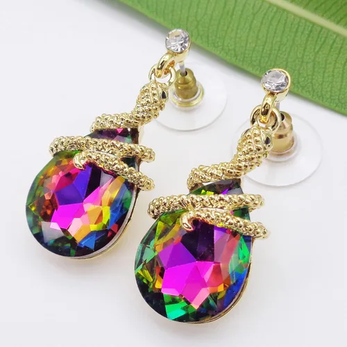 Vista 84 de Navachi Pendientes colgantes de gota de serpiente con forma de pera multicolor de cristal chapado en oro de 18 quilates